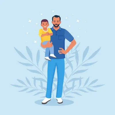 Illustration of a man standing and holding a smiling child, both facing forward, with a leafy decorative background on a light blue backdrop.